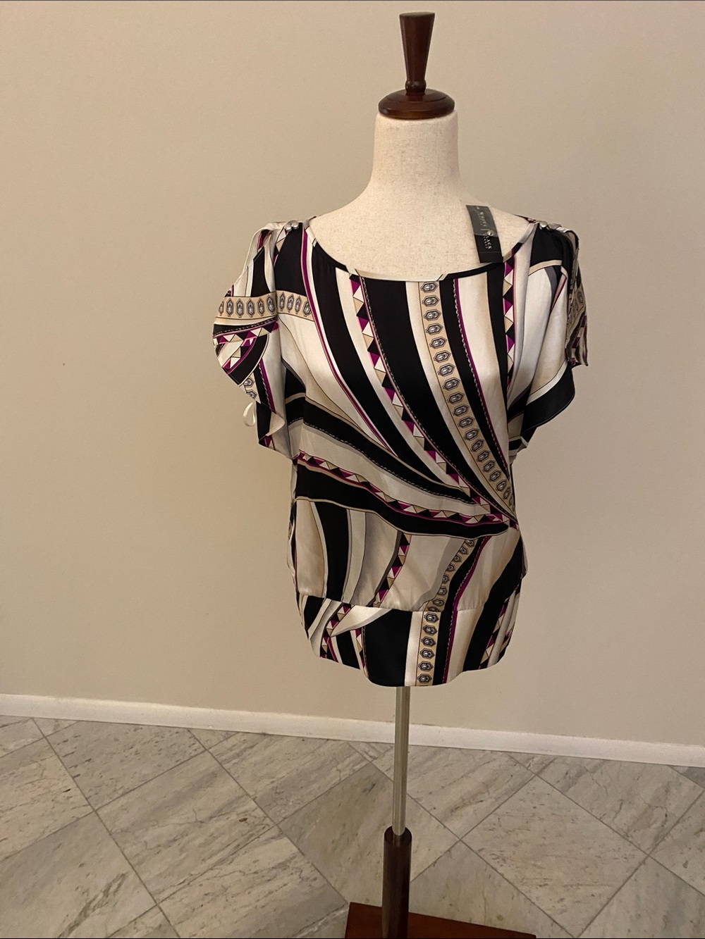White House Black Market Black, White and Pink Geometric Stripe Blouse